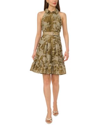 CeCe Women's Belted Sleeveless Collared Dress