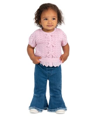 Rare Editions Baby Girls' Short-Sleeve Sweater and Denim Pant, 2-Piece Set