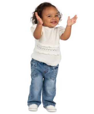 Rare Editions Baby Girls' Crochet Knit Short-Sleeve Sweater and Bow Print Pant, 2-Piece Set