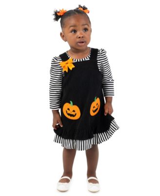 Rare Editions Baby Girls' Black Pumpkin Applique with Striped Jumper and Long-Sleeve Top, 2-Piece Set