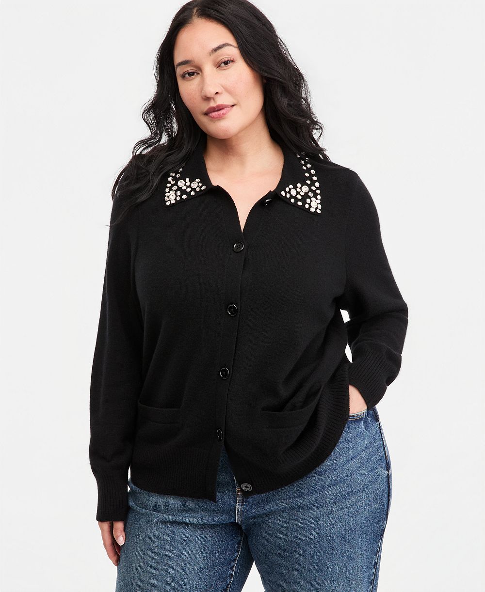 Charter Club Plus Size 100% Cashmere High-Rib Embellished Cardigan, Macy's Exclusive