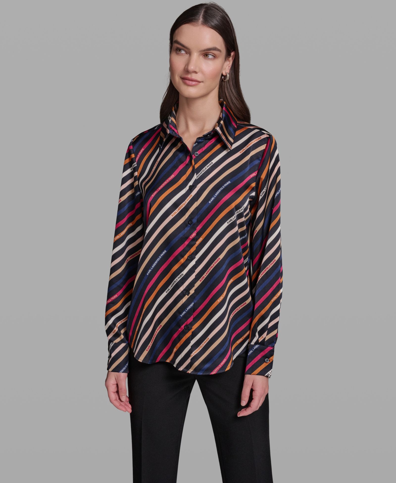 KARL LAGERFELD PARIS Women's Long-Sleeve Printed Collared Blouse