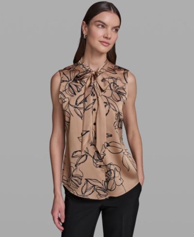 KARL LAGERFELD PARIS Women's Sleeveless Floral Tie-Neck blouse