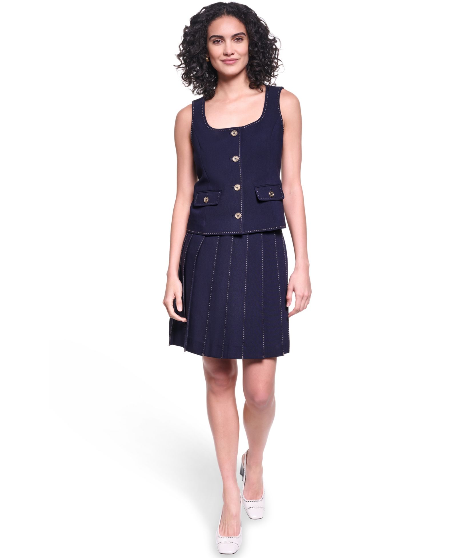 KARL LAGERFELD PARIS Women's Contrast Stitch Round Neck Cropped Vest