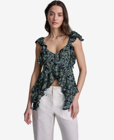 BCBG Women's Floral Print Ruffled V-Neck Top