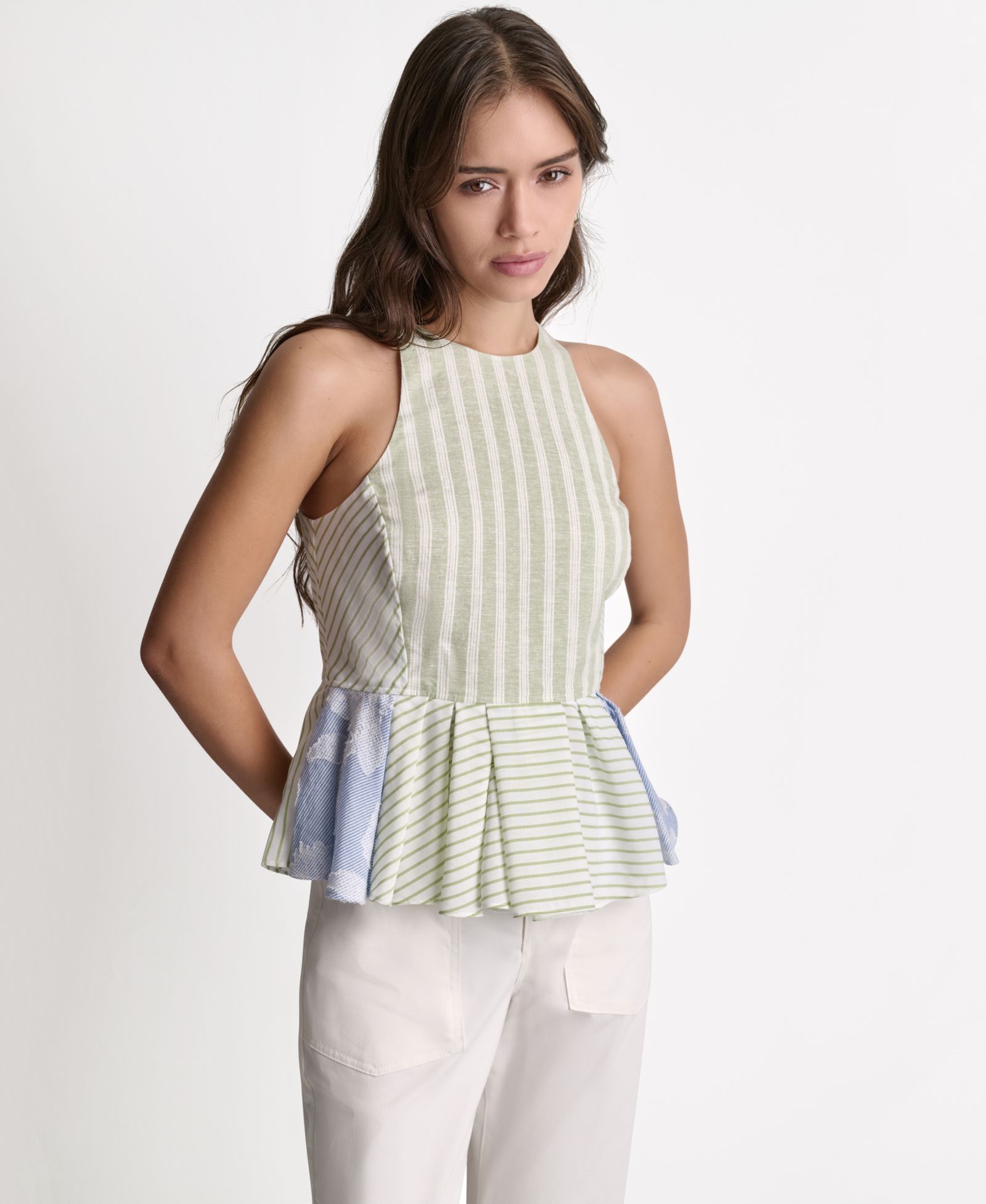 BCBG Women's Sleeveless Ruffle Peplum Top