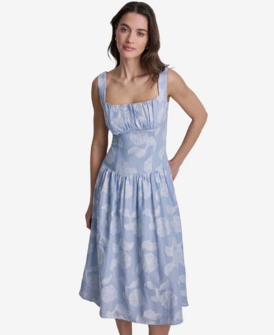BCBG Women's Floral Print Square Neck Cotton Midi Dress