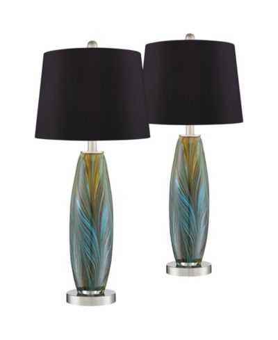 360 Lighting Azure Modern Table Lamps High Set of 2 Art Glass Black Faux Silk Drum Shade for Bedroom Living Room Bedside Nightstand