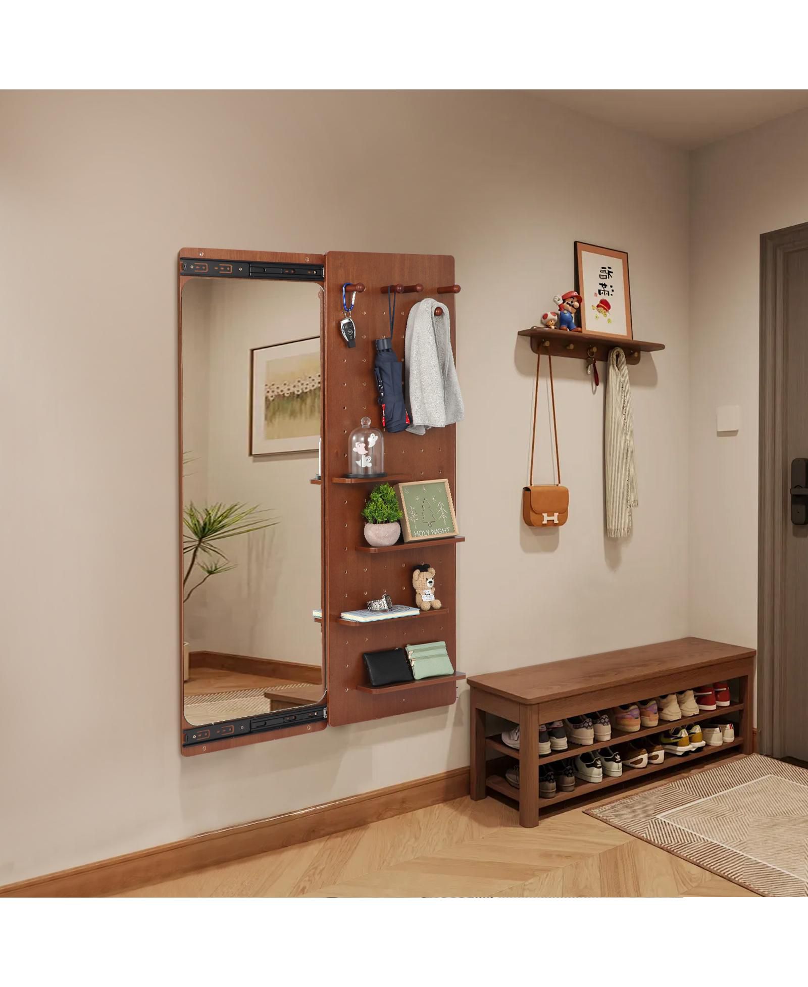 BUSDAYS Wall Mounted Full Length Mirror with Shelf and Hook, Walnut 47.615.7in Multifunctional for Bedroom Entrance