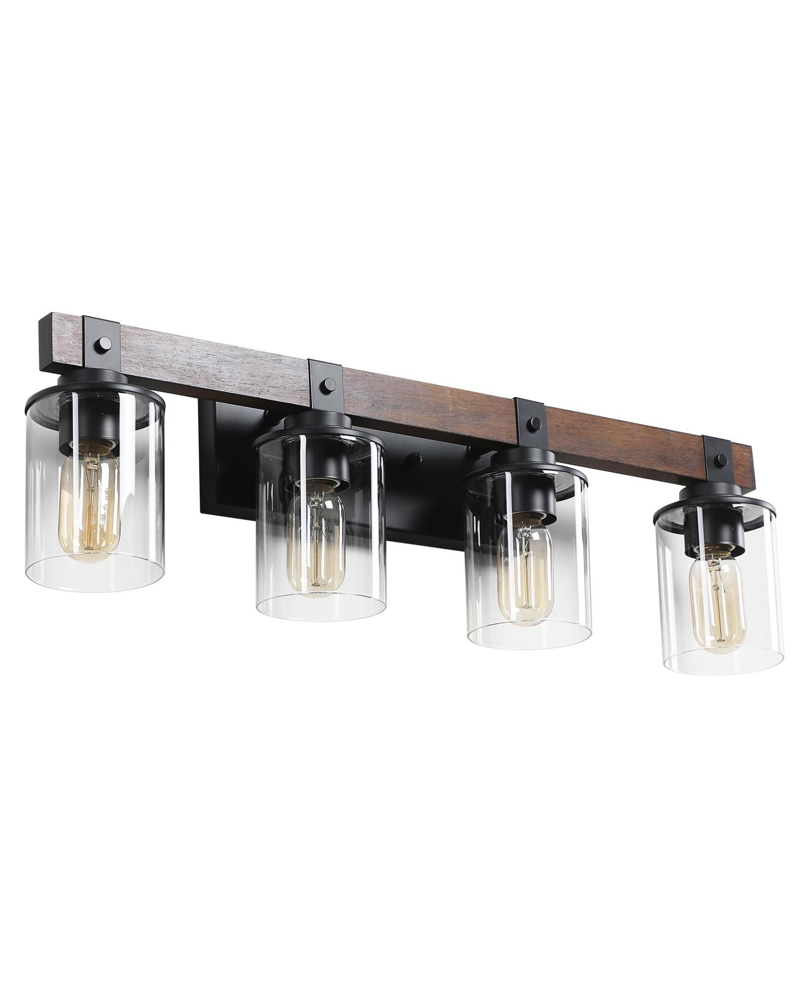 BUSDAYS Modern Farmhouse 4-Light Vanity Light, 27" Industrial Wall Sconce with Wood Accents and Clear Glass Shades for Bathroom