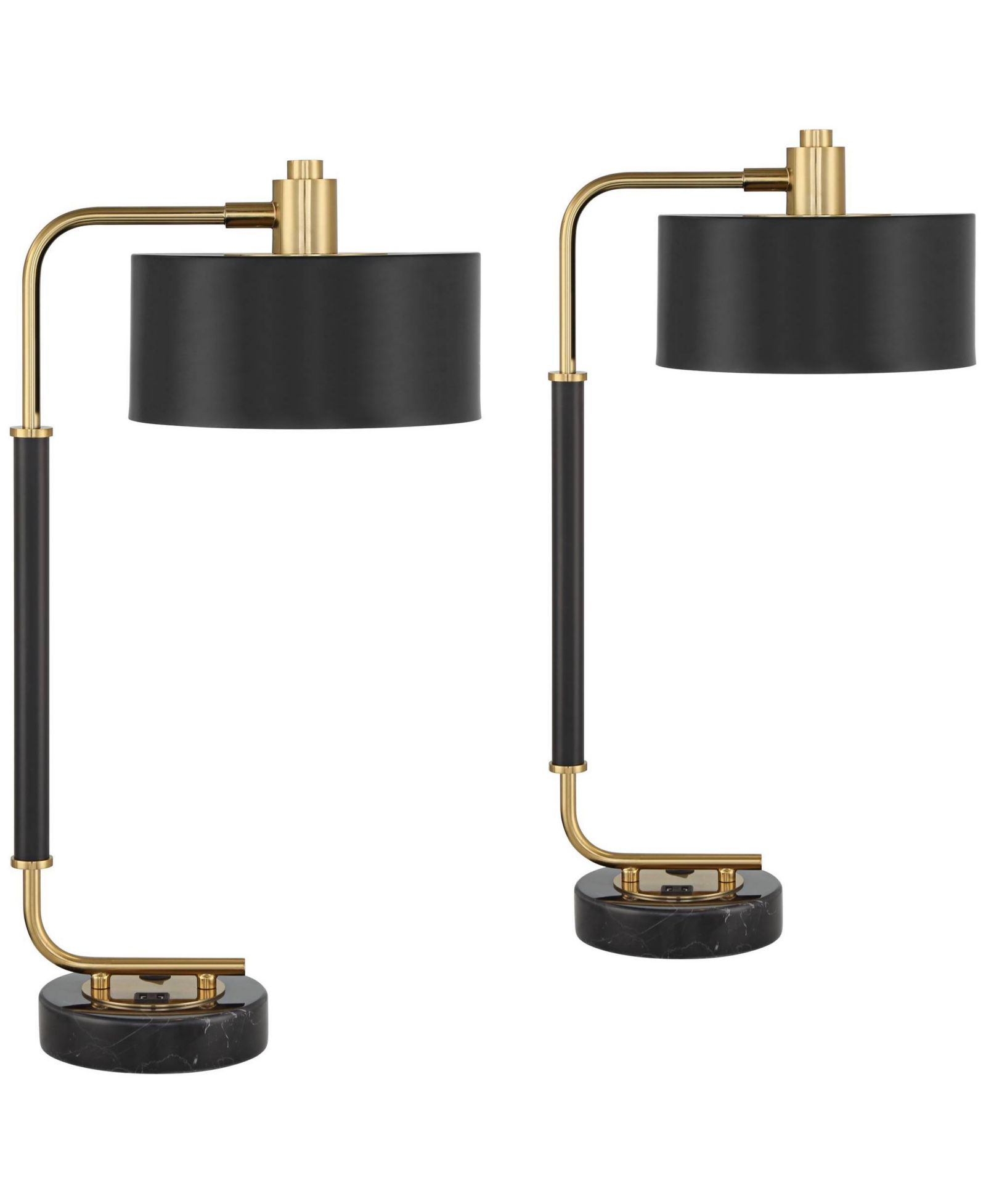 Possini Euro Design Myles 24" High Small Modern Glam Desk Lamps Set of 2 Dual USB Ports Gold Metal Home Office Charging