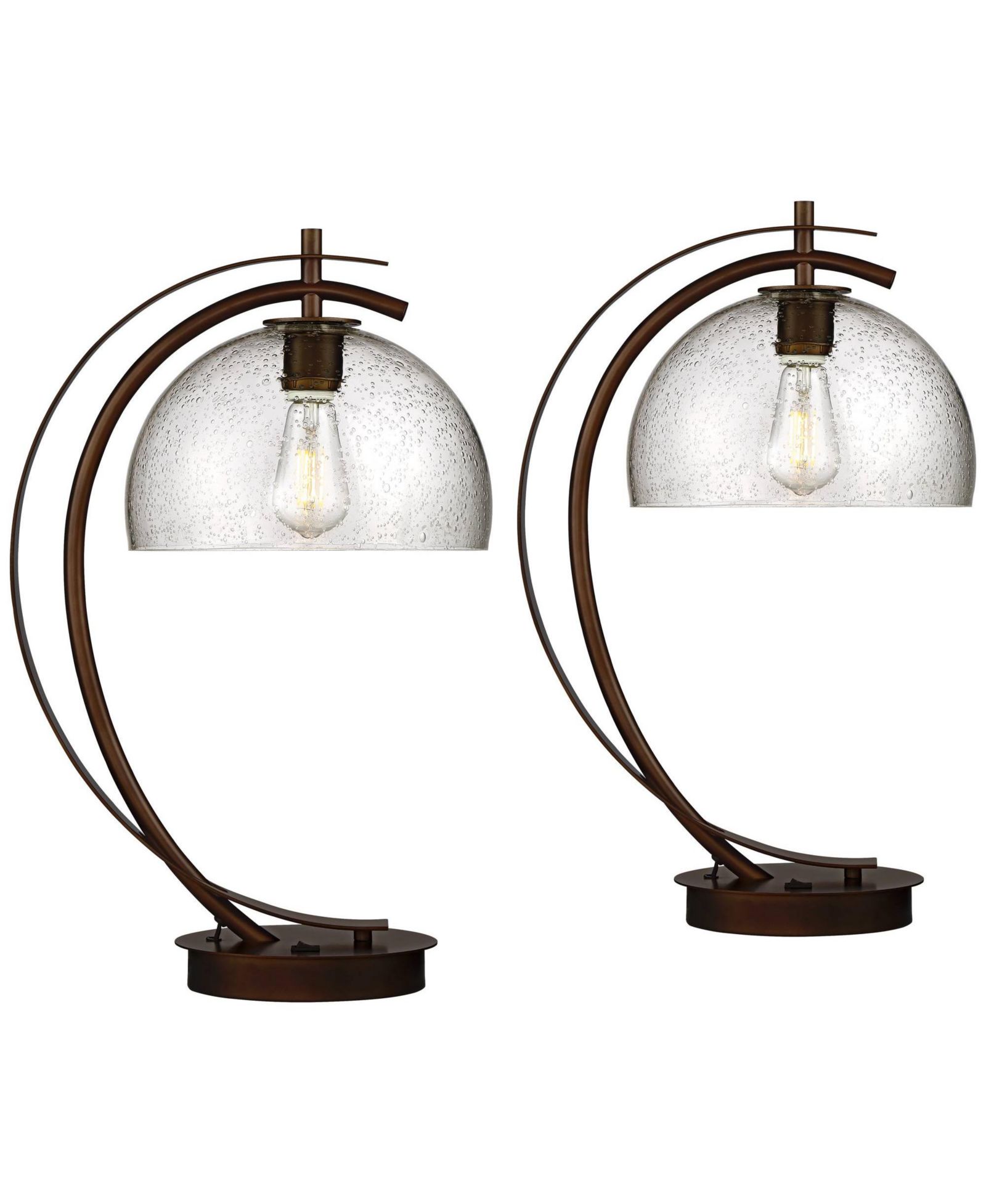 Possini Euro Design Modern Desk Lamps Set of 2 with USB Port 22 1/2" High Bronze LED Clear Seeded Glass Shade for Bedroom Office