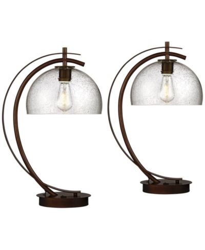 Possini Euro Design Modern Desk Lamps Set of 2 with USB Port 22 1/2" High Bronze LED Clear Seeded Glass Shade for Bedroom Office