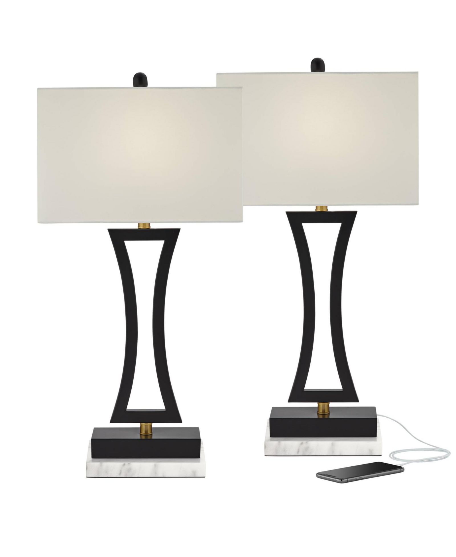 360 Lighting Roxie Modern Table Lamps Set of 2 with Marble Riser 31" Tall USB Charging Port Rectangular Fabric Shades for Bedroom House