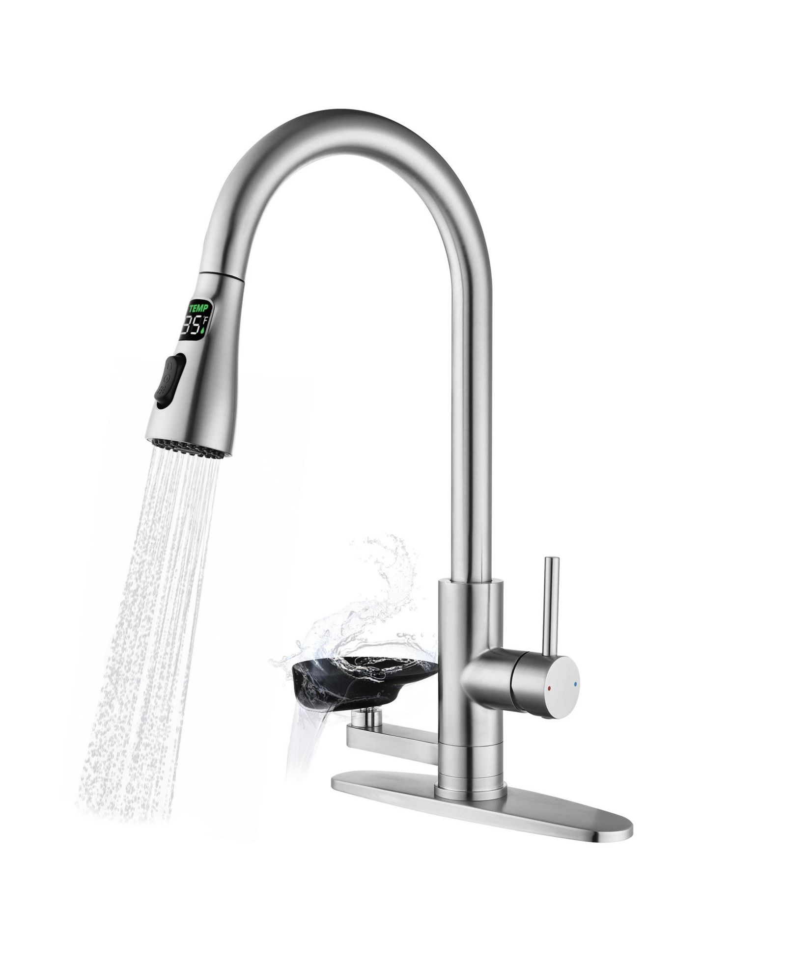 BUSDAYS 3-in-1 Kitchen Faucet with LED Temp Display, Glass Rinser and Pull-Down Sprayer, Brushed Nickel