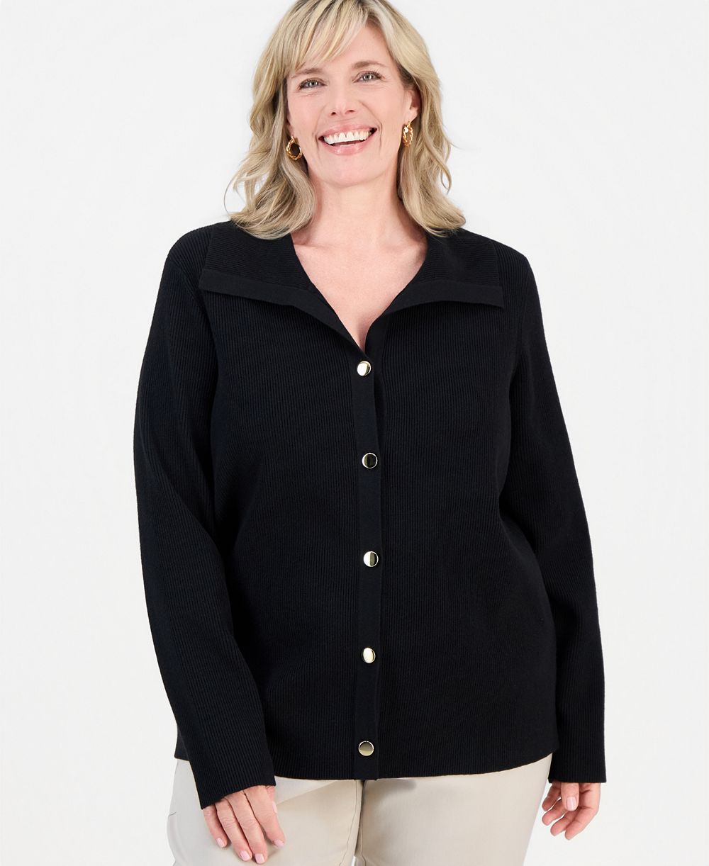 JM Collection Plus Size Button-Collared Ribbed-Knit Cardigan, Macy's Exclusive