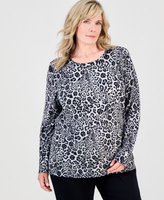 Свитер JM Collection Plus Size с анималистичным принтом и длинным рукавом
