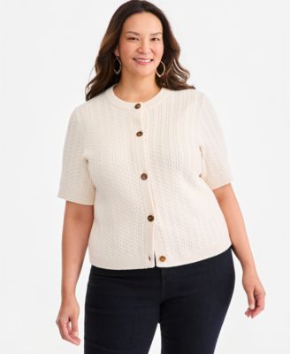 Style & Co Plus Cable-Knit Short-Sleeve Crewneck Cardigan, Macy's Exclusive