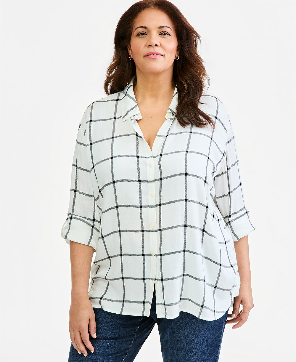 Style & Co Блузка в клетку с длинным рукавом и воротником-стойкой, Plus Size
