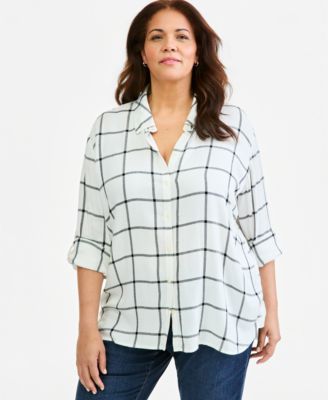 Style & Co Блузка в клетку с длинным рукавом и воротником-стойкой, Plus Size