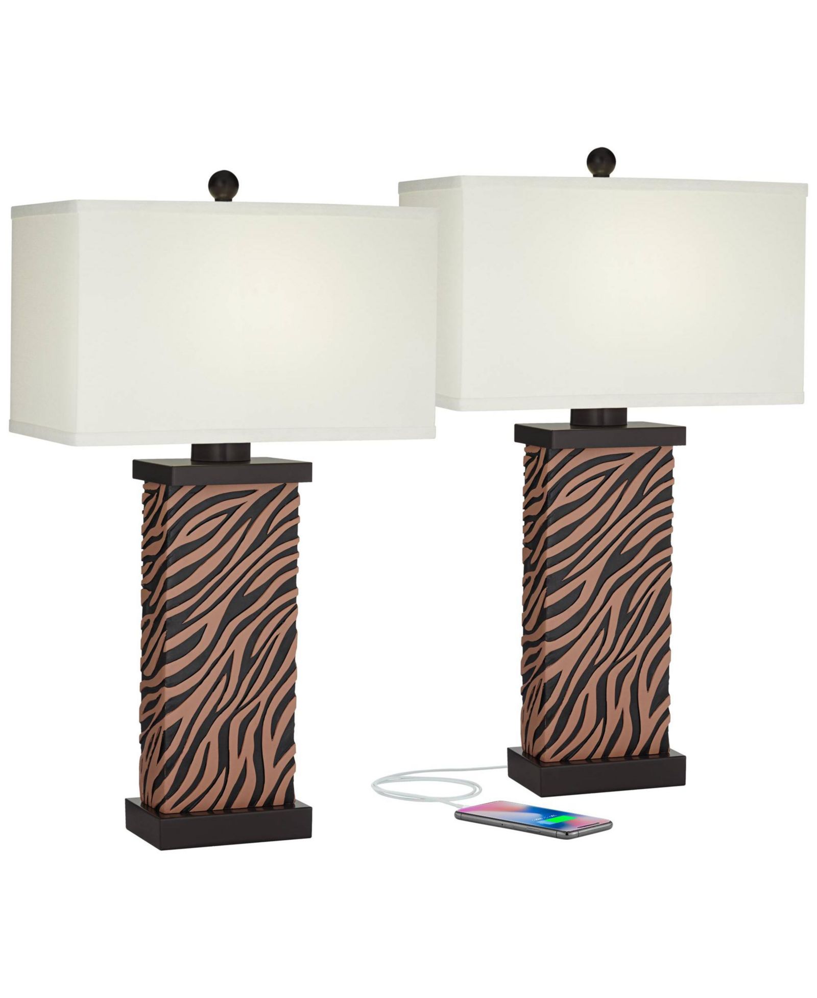 360 Lighting Modern Table Lamps Set of 2 with USB Charging Port 27" Tall Zebra Faux Wood Fabric Shade for Bedroom Bedside House