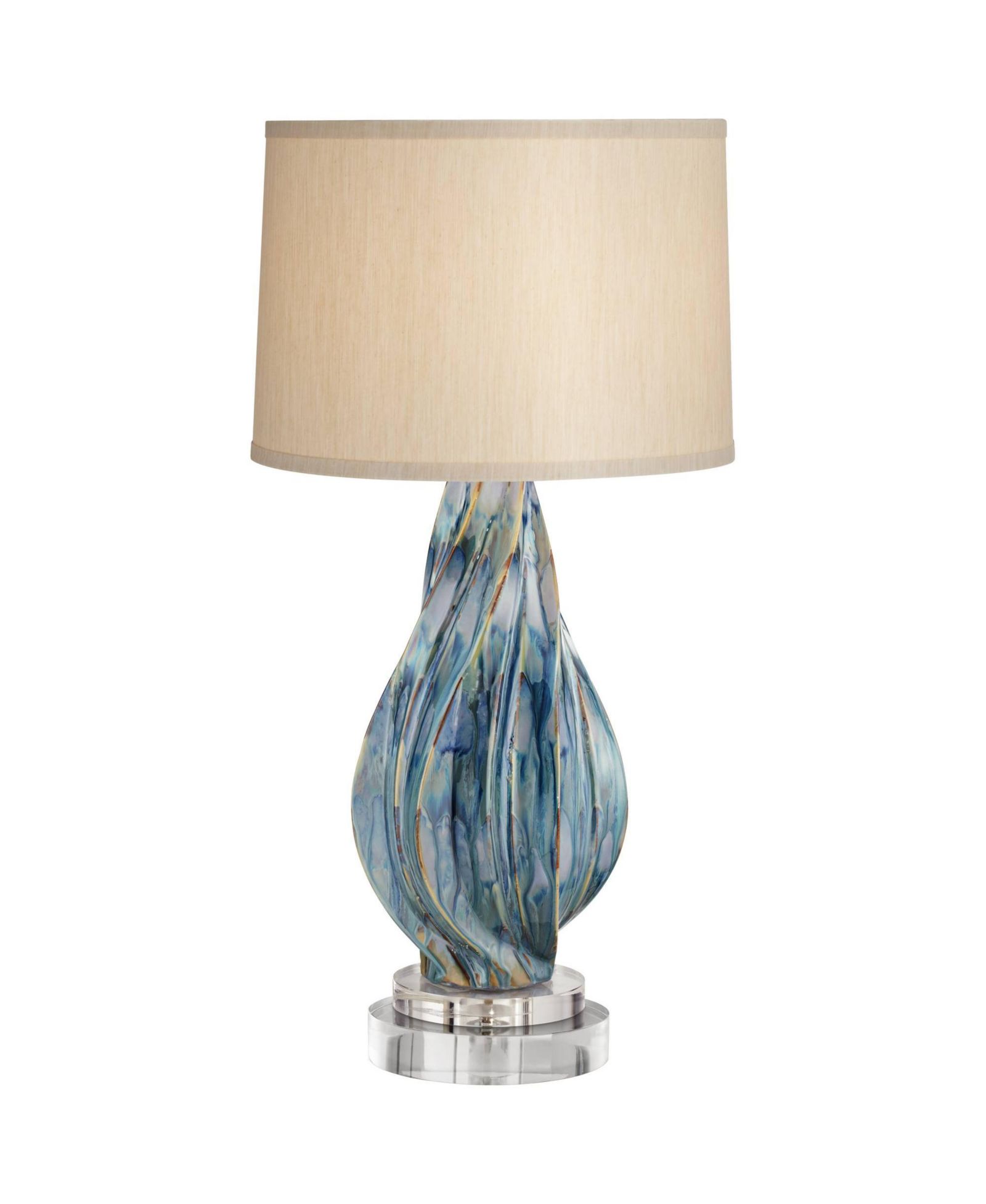 Possini Euro Design Teresa Modern Coastal Table Lamp with Round Riser 32 1/2" Tall Teal  Drip Ceramic Drum Shade for Bedroom Living Room