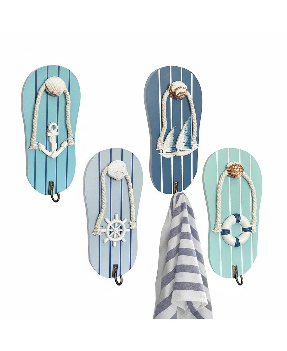 Yigii Cute Flip Flop Wooden Wall Hooks Beach Themed Metal Hooks Decor for Bathroom Poolside Beach Houses