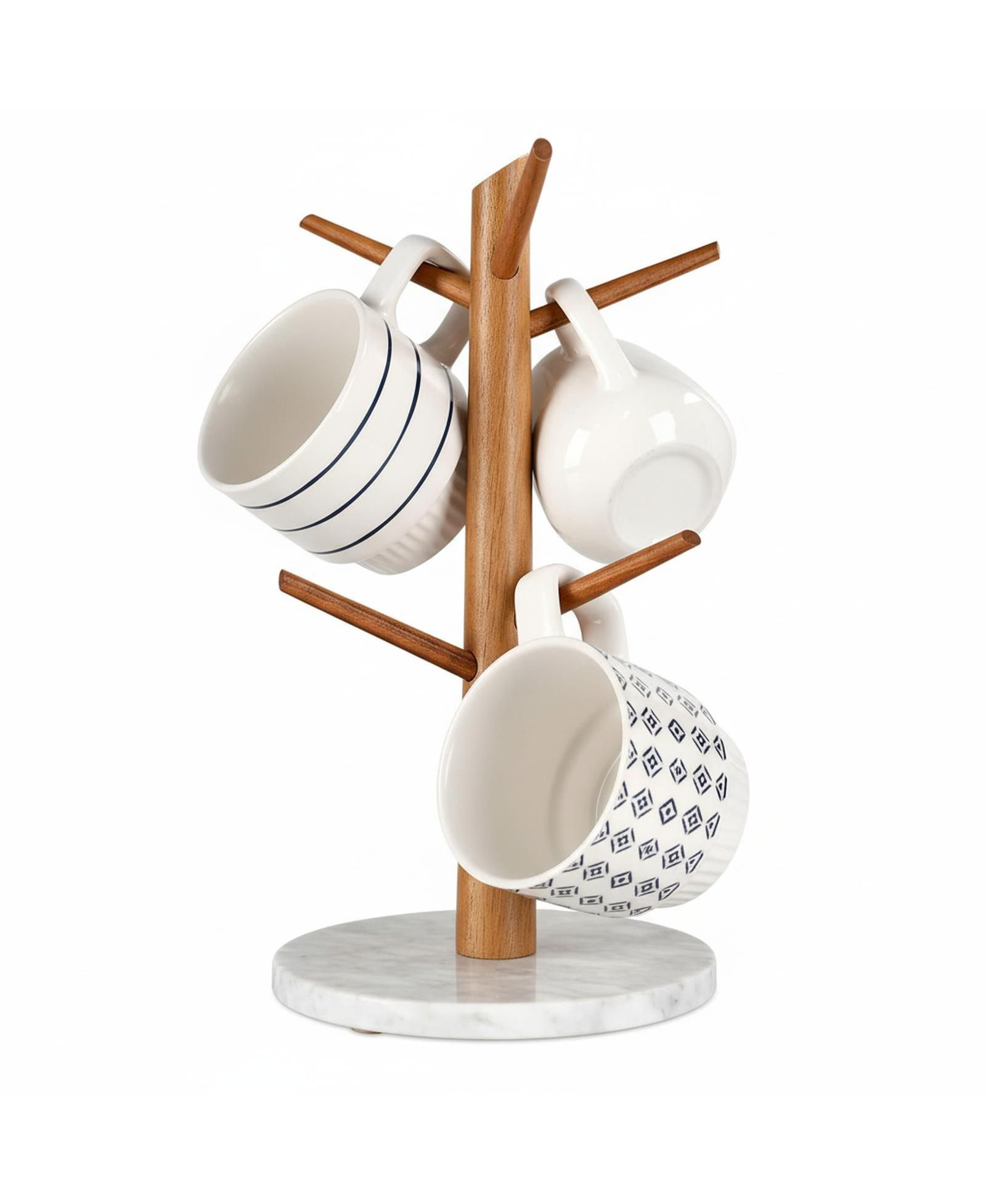 Yigii Premium Wood Mug Tree Marble Base 6 Hooks Counter Organizer