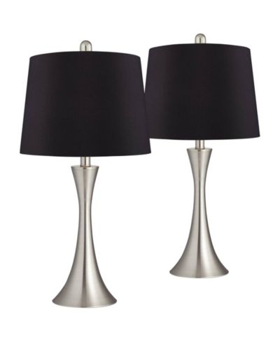 360 Lighting Gerson Modern Table Lamps 24" High Set of 2 Brushed Nickel LED Faux Silk Drum Shade for Bedroom Living Room Bedside Office