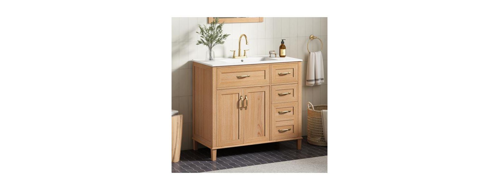 BUSDAYS Modern Wood Grain Bathroom Vanity, Ceramic Sink, Solid Rubberwood Legs, Soft-Close Doors and 4 Drawers