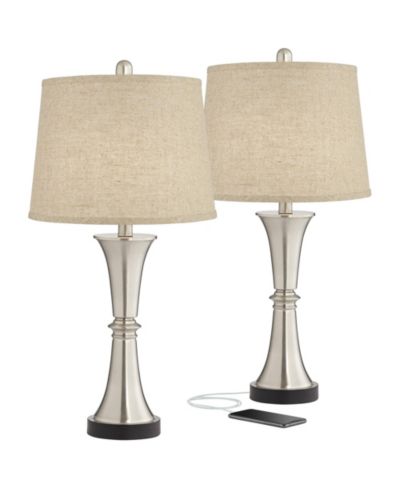 360 Lighting Seymore Modern Table Lamps 26" High Set of 2 with USB Port LED Touch On Burlap Linen Drum Shade for Bedroom Living Room Desk
