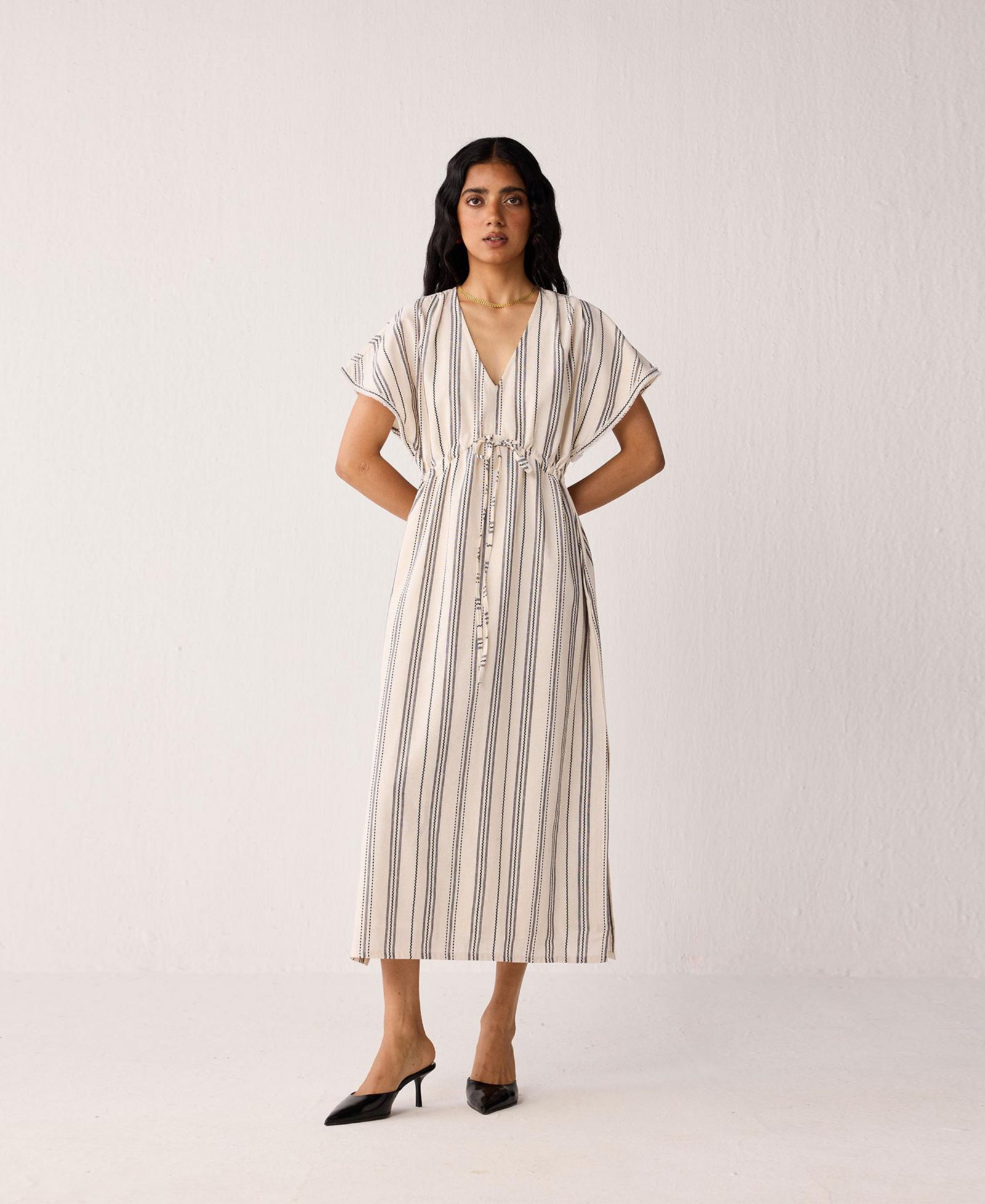 Reistor Women's Maxi Gathered Dress with Side Slits in Stripes