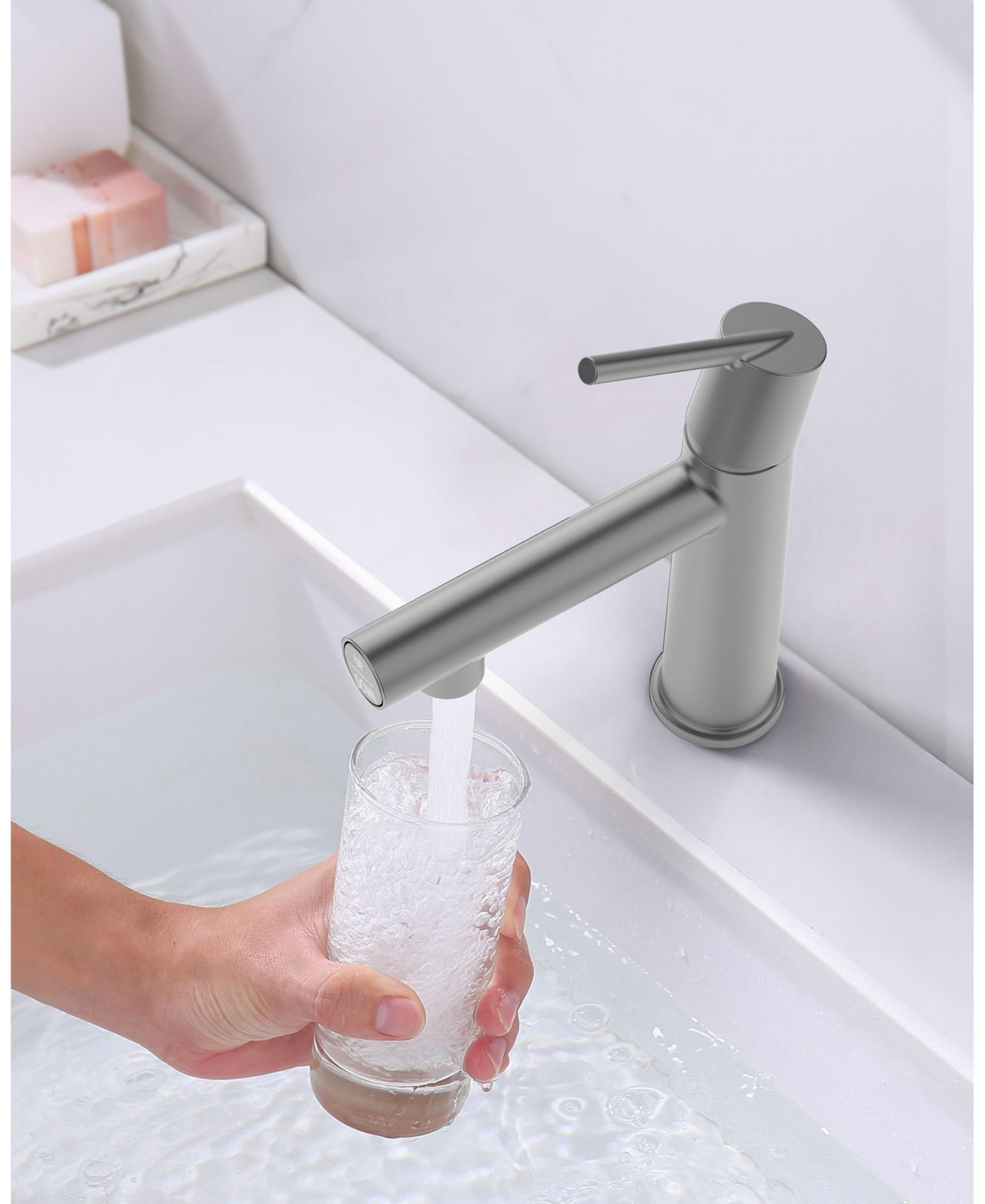 Смеситель для раковины BUSDAYS Gun Gray с одной ручкой, 1/3-Hole Deck Mount, 2-Way Fountain and Flow Mode, с шлангами 9/16"