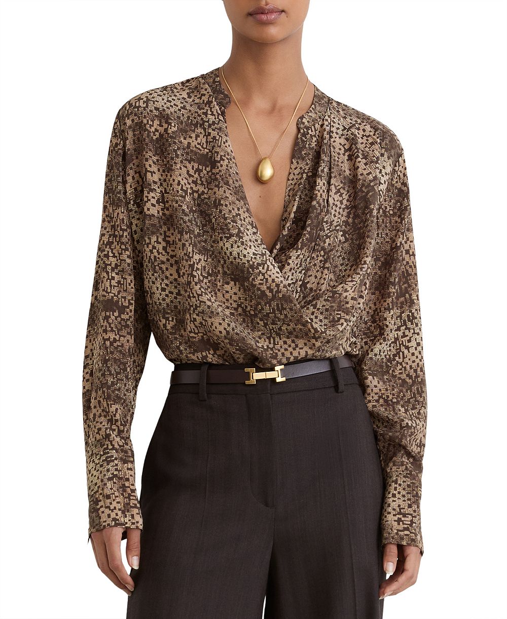 REISS Women's Laurie Matte-Silk Abstract-Print Draped Blouse