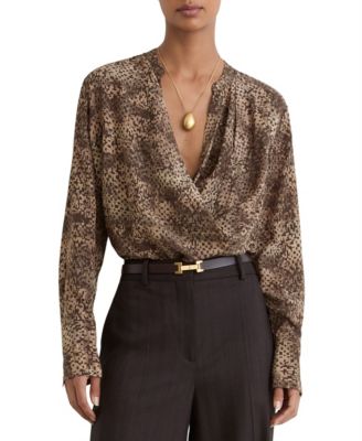 REISS Women's Laurie Matte-Silk Abstract-Print Draped Blouse
