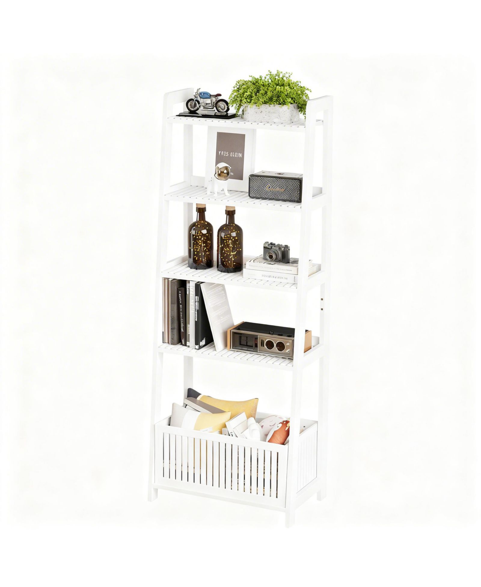 YIGII Ladder Shelf 4-Tier Bookshelf with Storage Basket Bamboo Bookcase