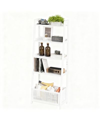 YIGII Ladder Shelf 4-Tier Bookshelf with Storage Basket Bamboo Bookcase