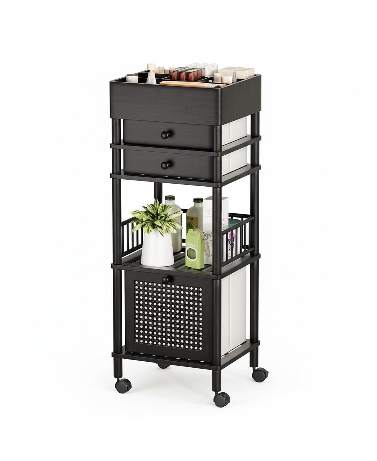YIGII Bamboo Makeup Organizer Cart 3 Drawers Rolling Storage for Bathroom Bedroom Vanity Skin Care Perfume Hair Tools