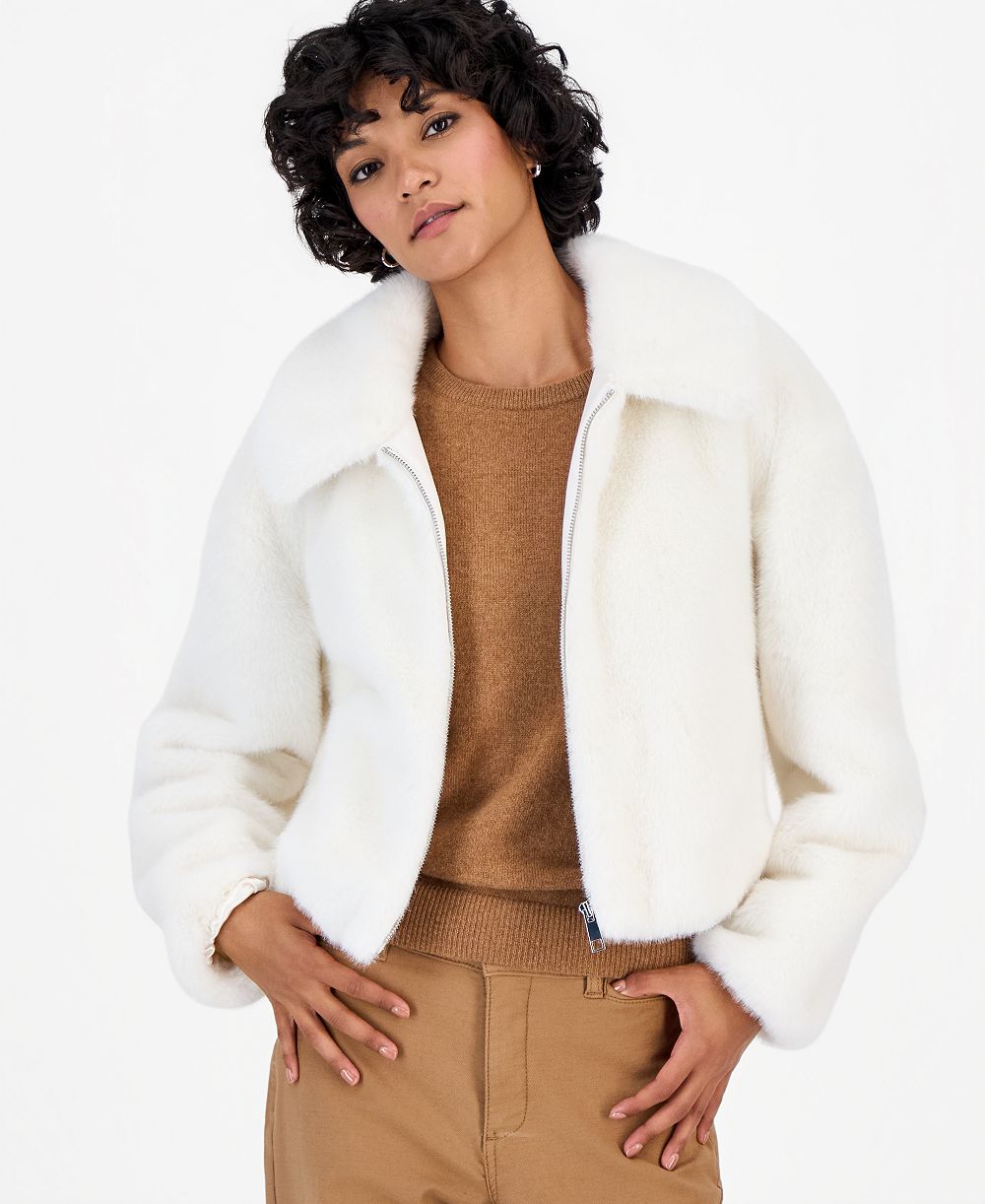 CeCe Petite Faux Fur Bomber Jacket