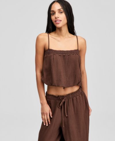 And Now This Women's Cotton Crochet-Trim Bubble-Hem Top, Macy's Exclusive