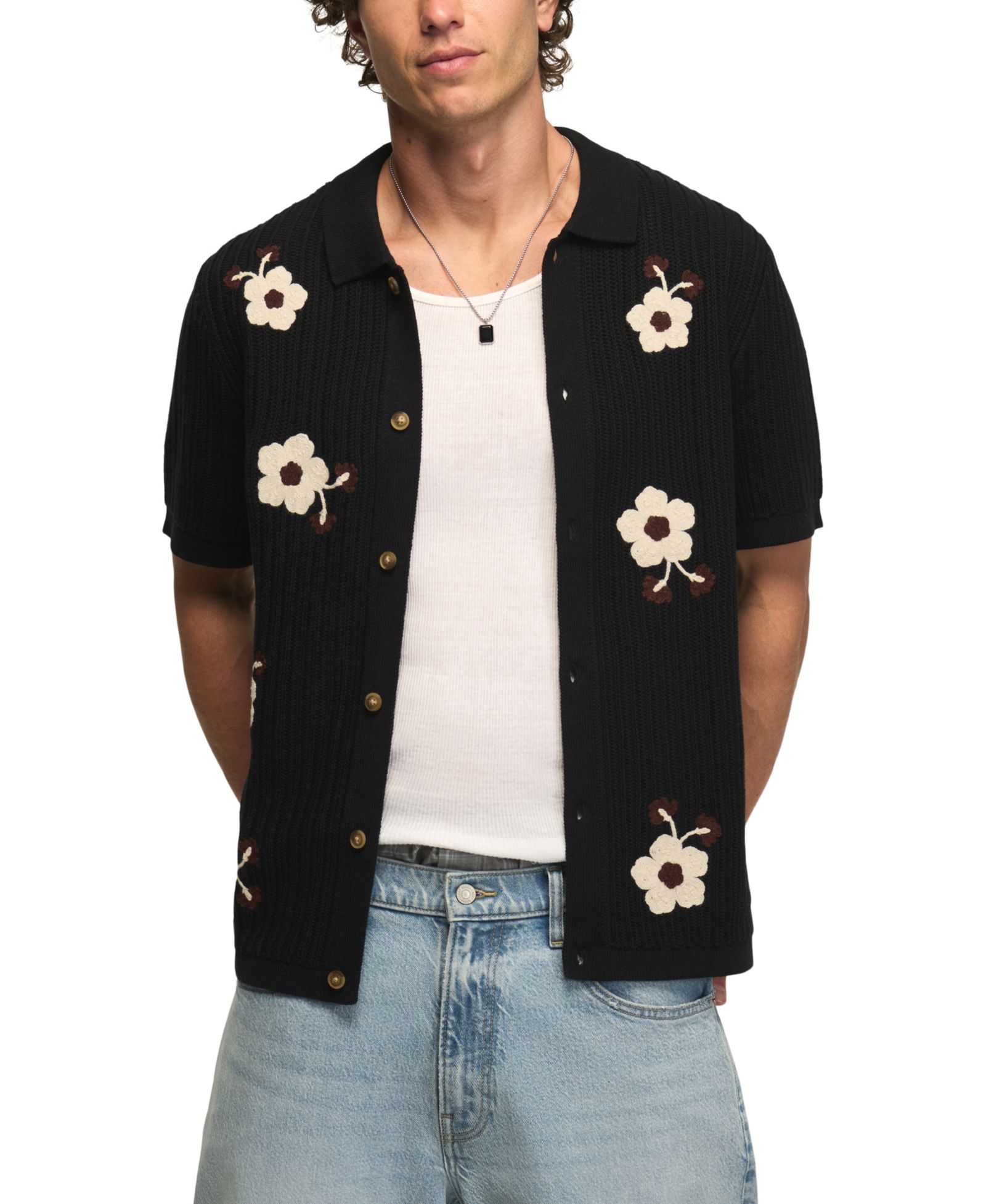 Lucky Brand Men's Flower Embroidery Crotchet Button-Down Sweater