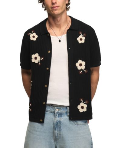 Lucky Brand Men's Flower Embroidery Crotchet Button-Down Sweater