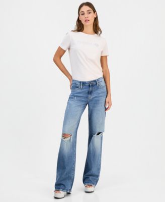 GUESS Women's Mid Rise Slouchy-Fit Straight-Leg Jeans