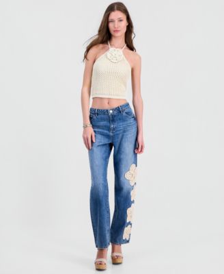 GUESS Women's Gaia High Rise Floral Crochet Straight-Leg Jeans