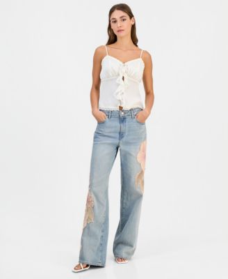 GUESS Women's Rey Floral Appliqué Wide-Leg Jeans