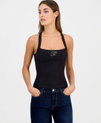 GUESS Women's Shaneen Sleeveless  Logo Square-Neck Halter Top