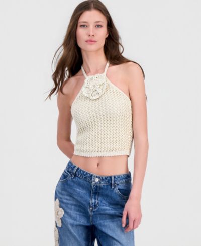 GUESS Women's Alicia Flower Crochet Halter Sweater