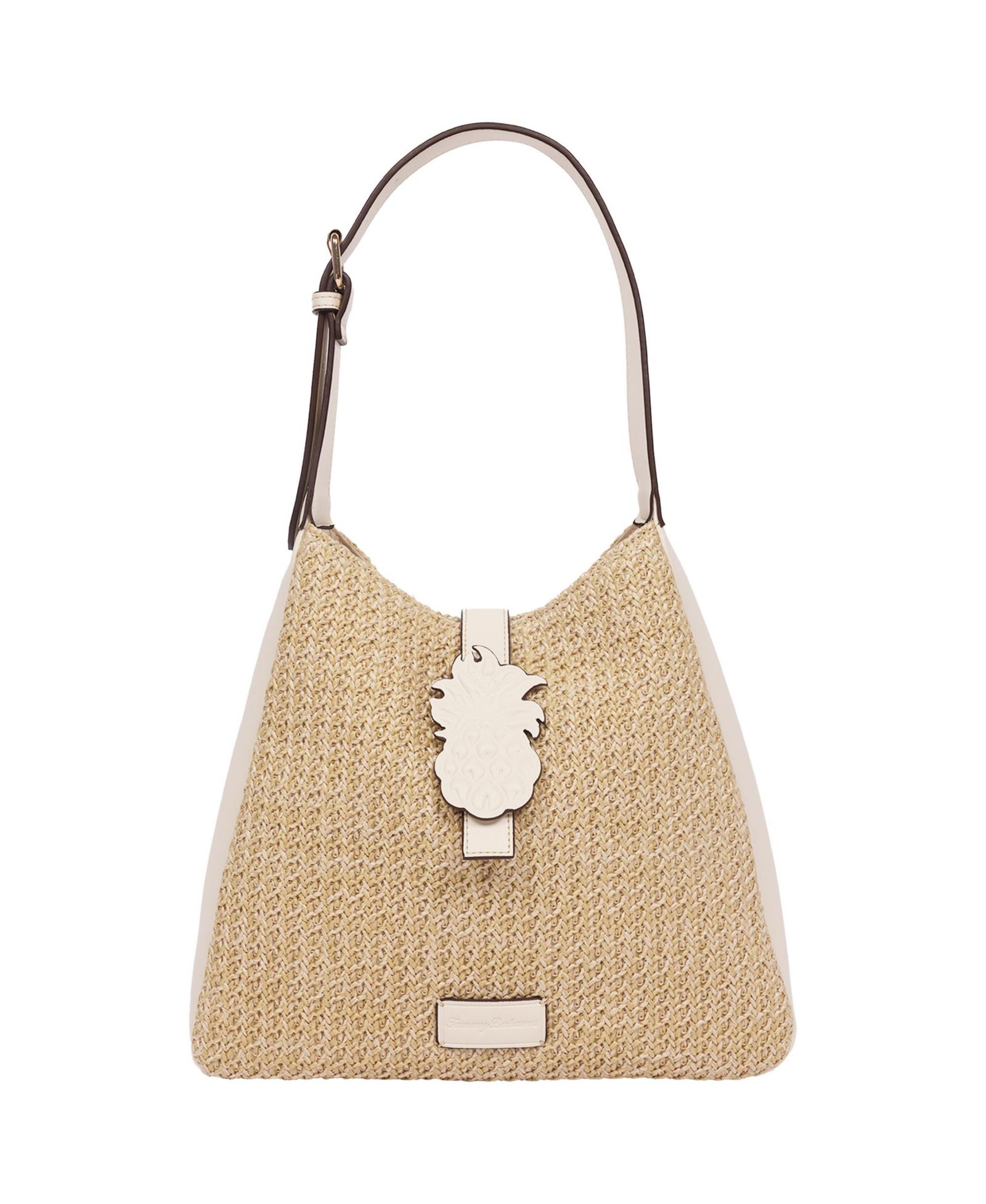 Tommy Bahama Logo Tab Raffia Hobo Bag - Woven Straw Shoulder Bag with Pineapple Accent