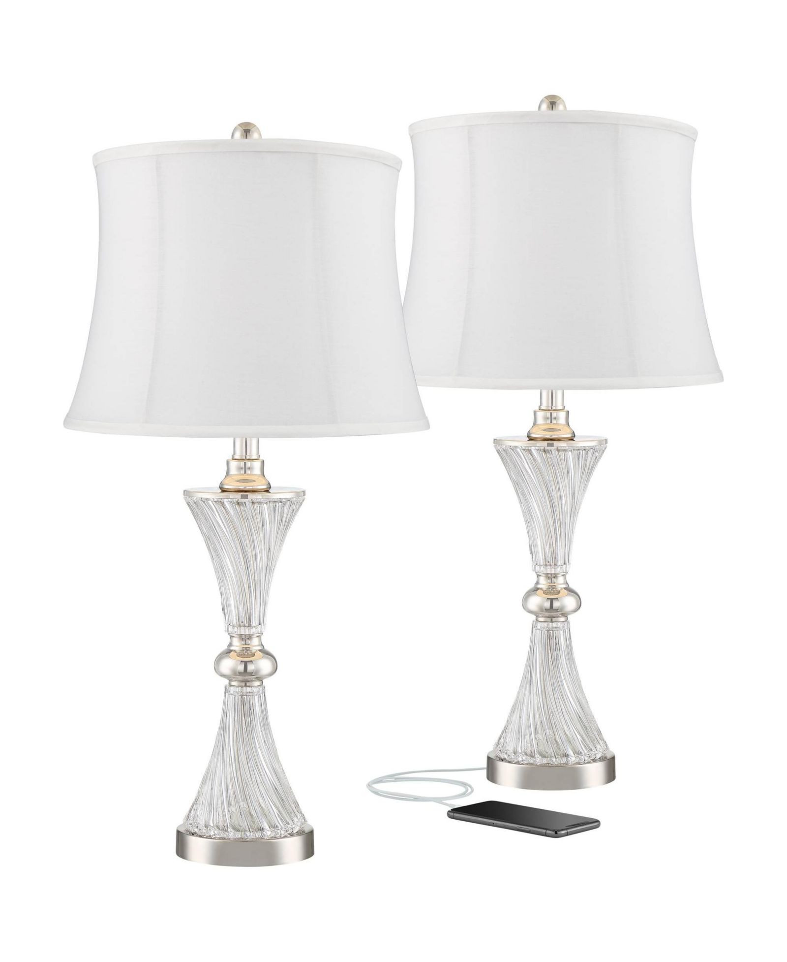 Regency Hill Luca Modern Table Lamps 25 1/2" High Set of 2 Clear Glass Chrome with USB Charging Port Cream Drum Shade for Bedroom Living Room Desk