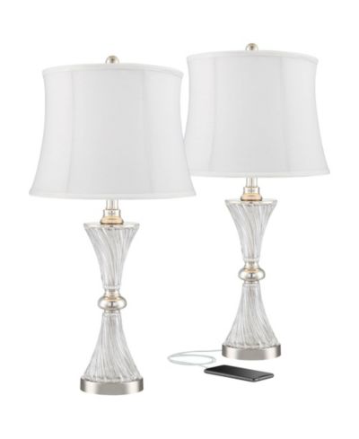Regency Hill Luca Modern Table Lamps 25 1/2" High Set of 2 Clear Glass Chrome with USB Charging Port Cream Drum Shade for Bedroom Living Room Desk